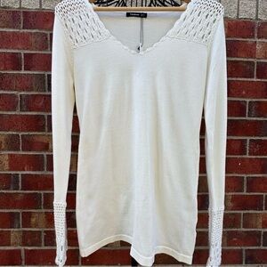 NWT Patty Boutik Cream Sweater Crochet Cottagecore Travel Coastal Lightweight